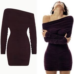 Khy x Atlein Long Sleeve Ruched Mini Dress In Black Cherry